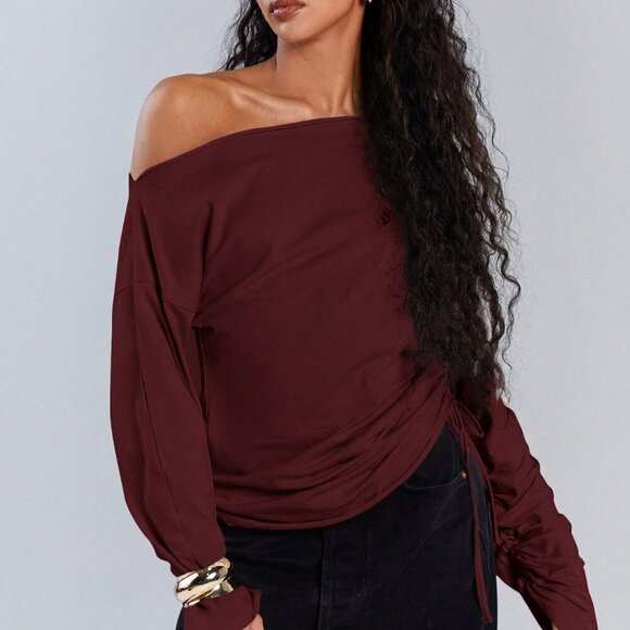 burgundy Casual Women's Asymmetric Collar Drawstring Top - Picture 5 of 7